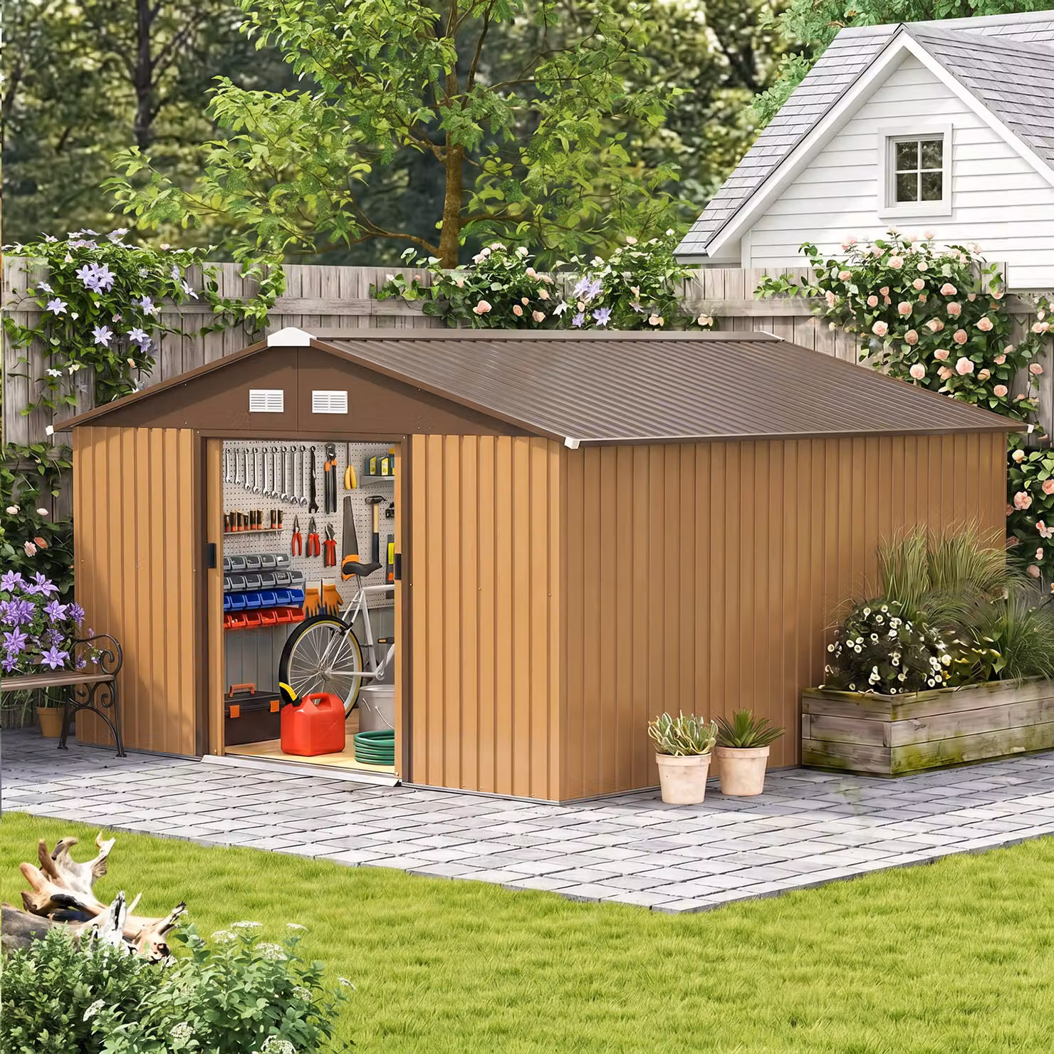 Outsunny Metal Garden Shed with Pent Roof and Sliding Doors, Light Brown, W: 396.24 cm, D: 374.0 cm, H: 21f15e41-8ffe-42fb-84ad-0e7c1b597963 cm – 7