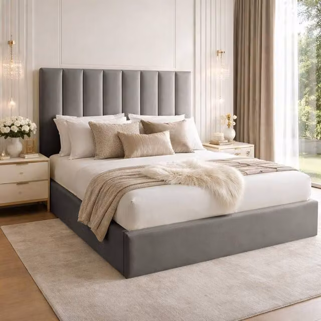 Desire Deco Grey Plush Velvet Upholstered Panel Bed Frame, King Size (180 x 200 cm)