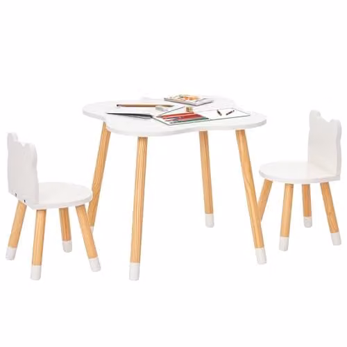 HOMCOM 3-Piece Kids Table and Chair Set with 2 Bear-Shaped Chairs, White, H: 56 cm, W: 56 cm, D: 50 cm – 1