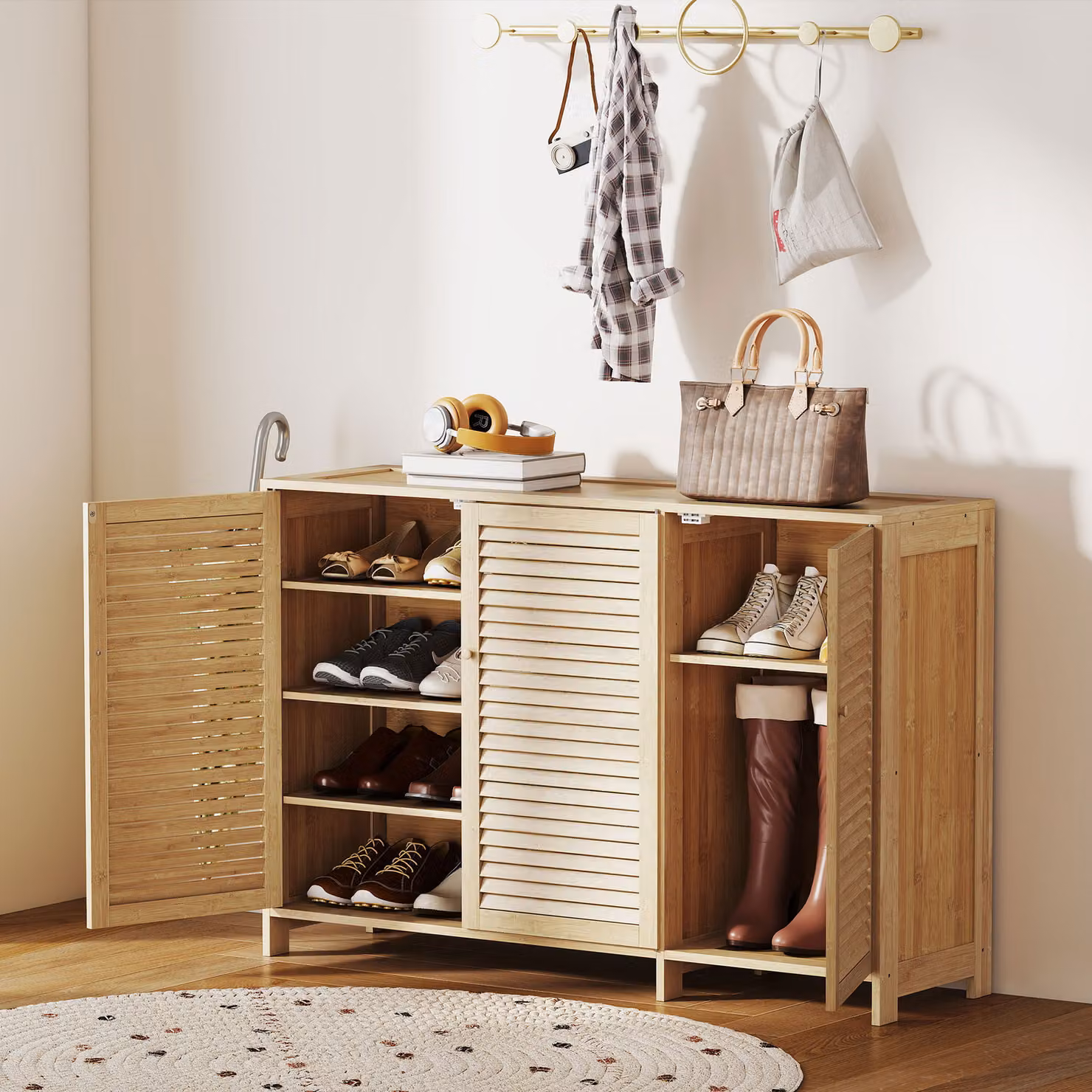 HOMCOM Bamboo Shoe Cabinet in Beige with Louvered Hinged Doors and Adjustable Shelves for 18 Pairs of Shoes, W/D/H: 120 x 40 x 80 cm – 2