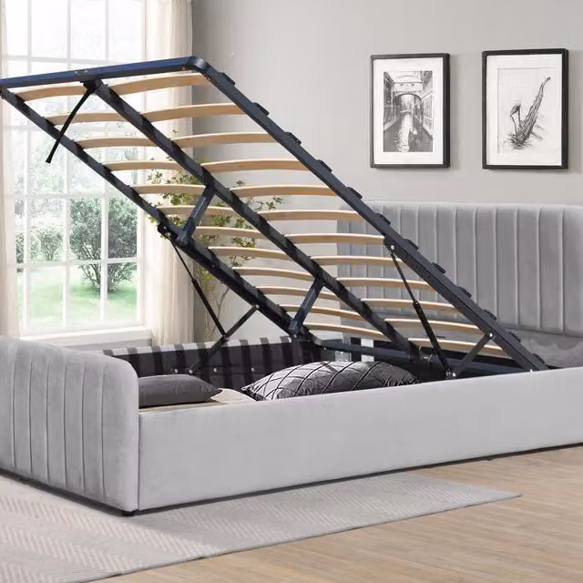 Comfy Living Gas Lift Ottoman Bedframe in Light Grey Brushed Velvet, Double (140 x 200 cm)