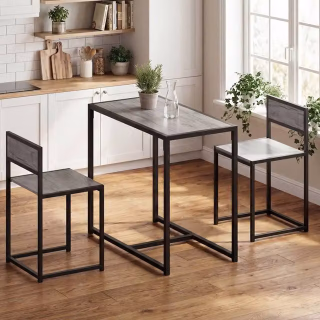 STILVORA 3 Piece Dining Set with 2 Stools, Grey MDF and Steel Frame – 1