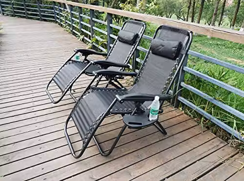 Gr8 Garden Set of 2 Black Textilene Zero Gravity Reclining Garden Chairs with Side Table and Cup Holder – 2