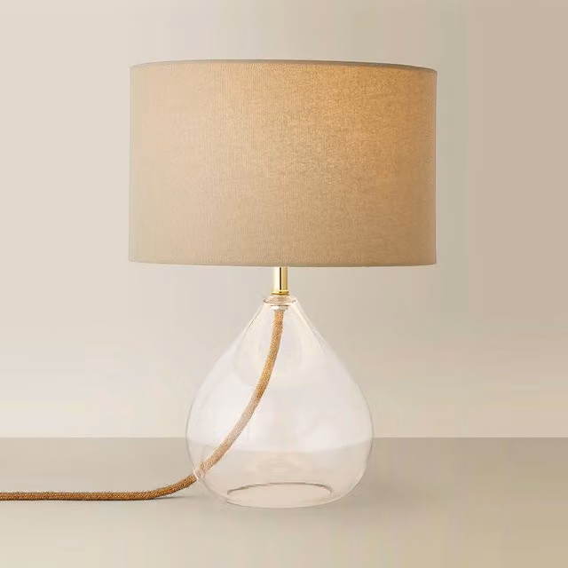ValueLights Eloise Clear Glass Table Lamp with White Linen Drum Lampshade and LED Bulb