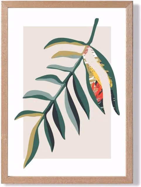 ARTZE Minimalist Tropical Leaf Botanical Framed Print in Green and Red with Oak Wood Frame, Size: A2