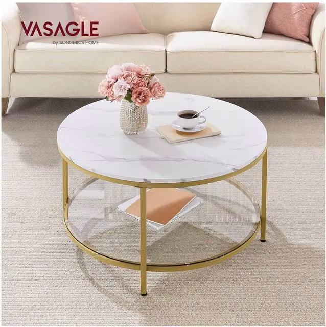 VASAGLE Modern Round Coffee Table with Glass Shelf in Gold and White