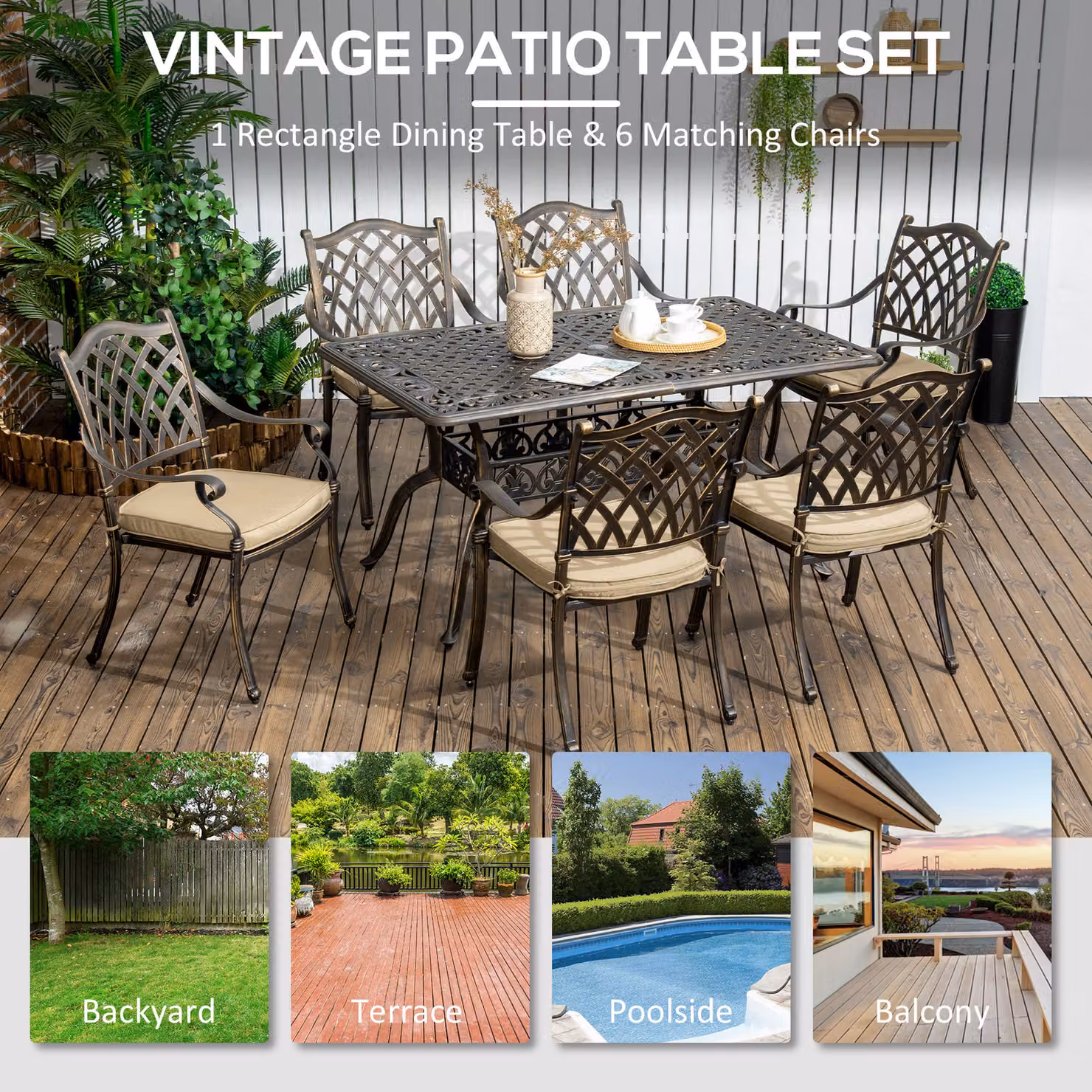 Outsunny 7-Piece Cast Aluminium Garden Patio Dining Set with Parasol Hole and Cushions in Bronze – 4