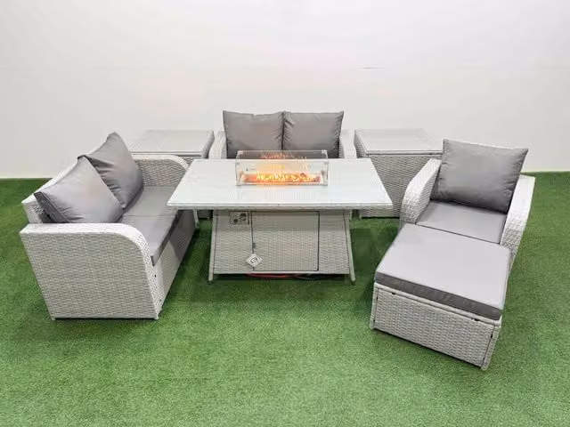 Fimous Grey Poly Rattan Garden Furniture Set with High Back Reclining Chair, Loveseat Sofa, Firepit Dining Table and Stools
