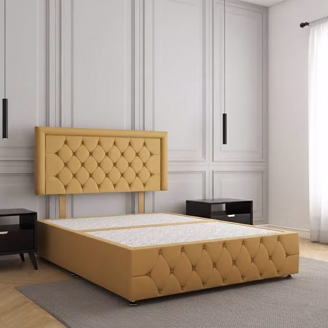 Regional Furnishings Small Double Plush Velvet Divan Bed with 24 inch Headboard and Footboard in Mustard Yellow, W/D/H: 120 x 200 cm