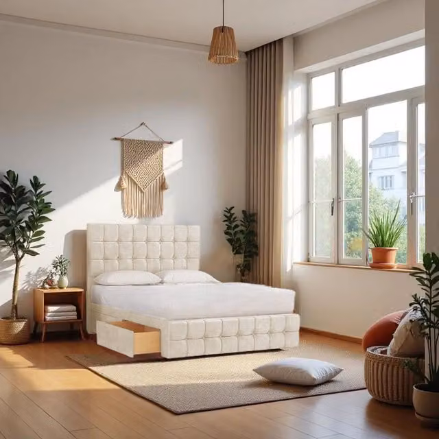 Knight Sleep Munic Plush Double Bed Set with Hybrid Mattress, 2 Drawers and 24 inch Headboard in Cream