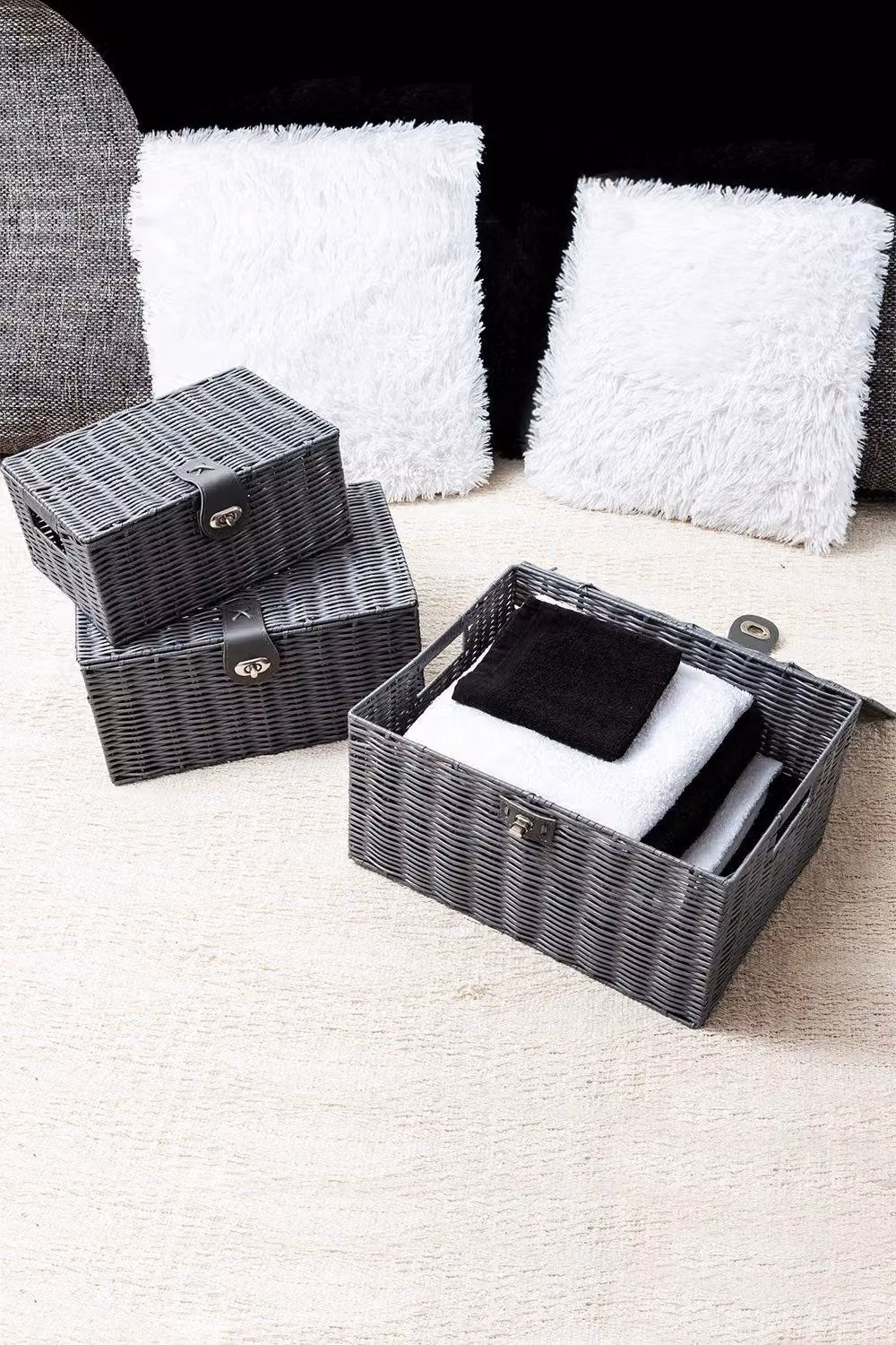 Arpan Set of 3 Resin Woven Storage Basket Boxes with Lid and Lock in Grey – 9