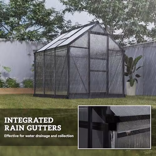 Outsunny Polycarbonate and Aluminium Walk-In Garden Greenhouse with Sliding Door and Window, Grey and Transparent, H: 190 cm – 5