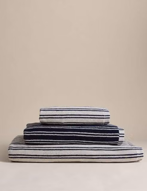 M&S Fluffy Pure Cotton Striped Towel in Navy Blue