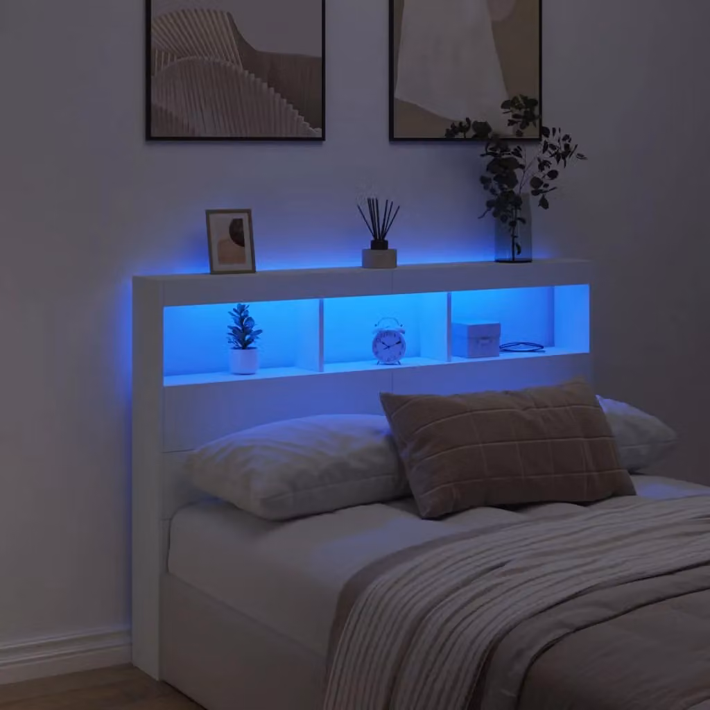 Berkfield Home Modern White Headboard Cabinet with Integrated LED Lighting and USB Charging Port, W/D/H: 140 x 17 x 102 cm – 3