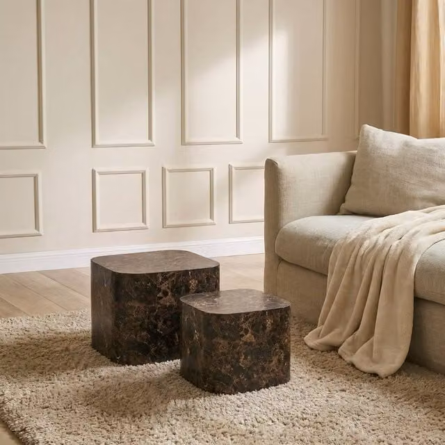 OHS Set of 2 Square Marble Effect Coffee Tables in Chocolate Brown – 1