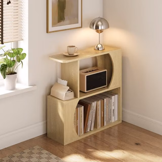 Yaheetech Narrow Sofa Side Table with Arched Cut-Out and Shelves in Oak