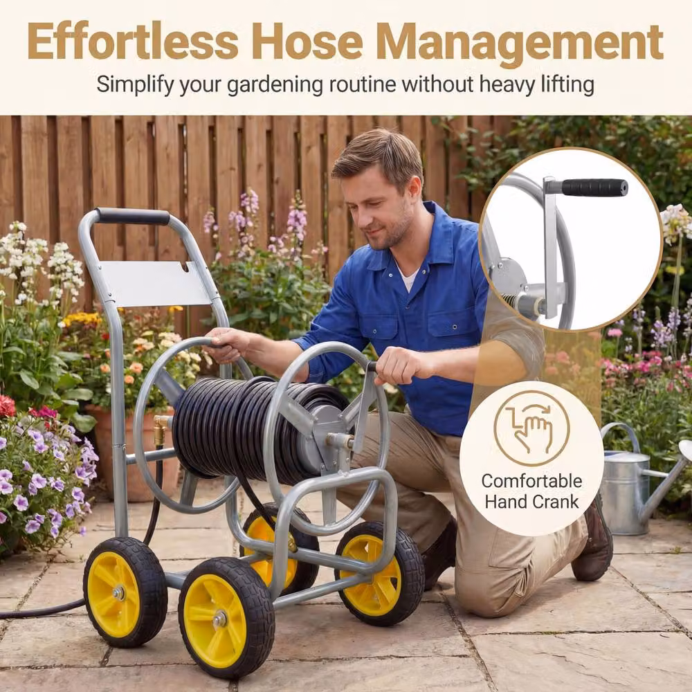 Costway Silver Metal 4-Wheel Garden Hose Reel Cart and Water Hose Organiser – 4