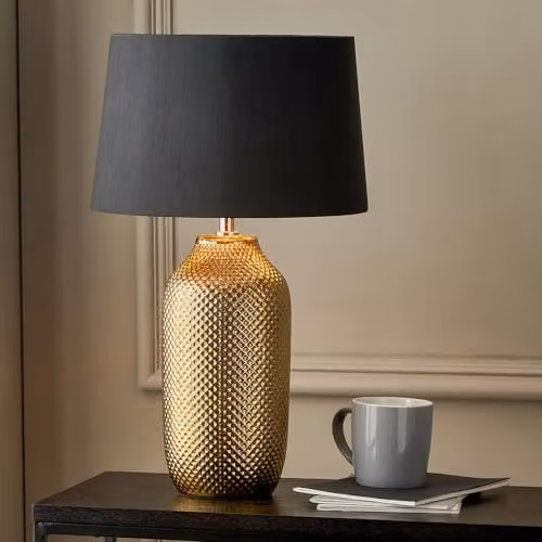 Pacific Lifestyle Art Deco Ceramic Bottle Table Lamp with Black Tapered Fabric Shade in Gold and Black