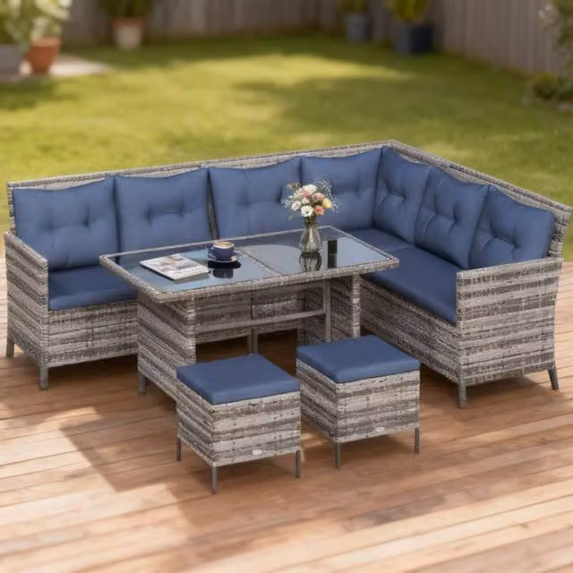 ERGOVEXA 7-Seater L-Shape Rattan Patio Sofa Set with Ottoman and Coffee Table in Dark Blue and Grey