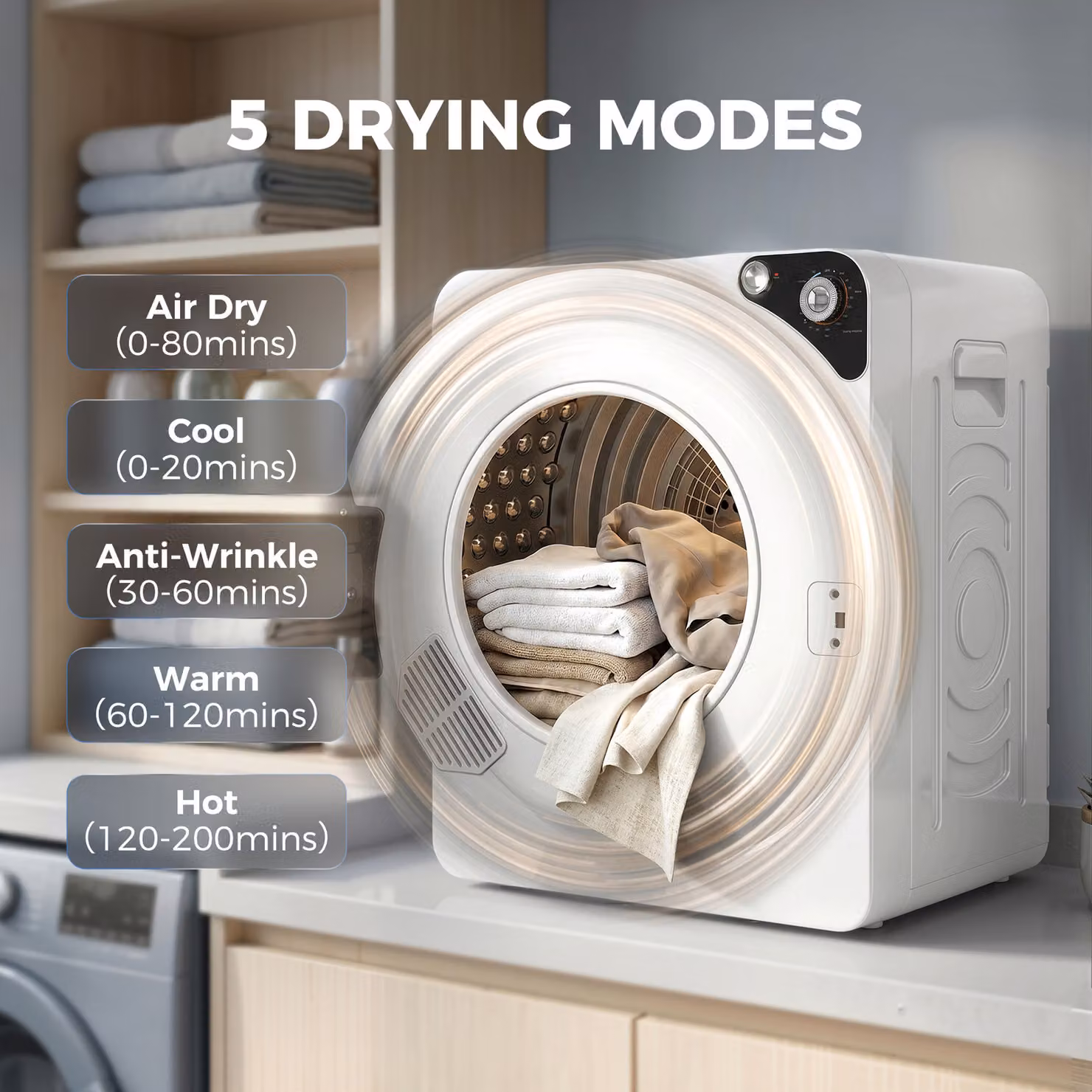 HOMCOM 5kg Vented Tumble Dryer, 1000W Compact Front Loader with 5 Drying Modes and Stainless Steel Tub, White – 4