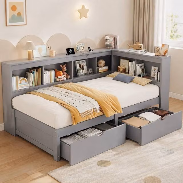 STILVORA Grey Single Day Bed with Storage Drawers, USB Charging Port and Bedside Shelf, W/D/H: 90 x 190 cm – 1