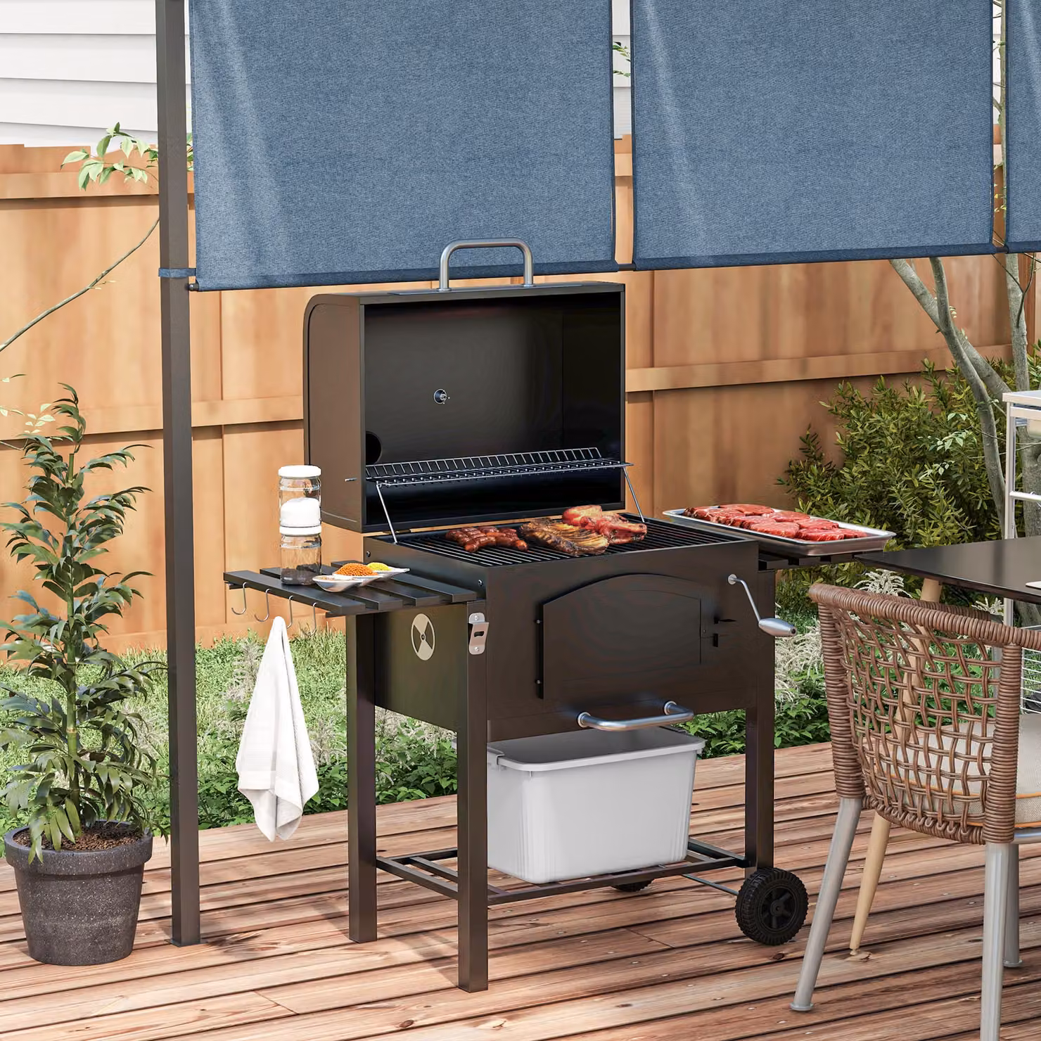 Outsunny Charcoal Barbecue Grill Trolley Garden Smoker in Black with Stainless Steel Details, Thermometer and Wheels – 2