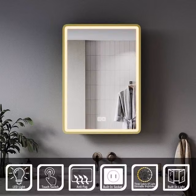 PAWNORA Modern Wall Mounted LED Bathroom Mirror Cabinet with Glass Hinged Doors and Anti-Fog Function in Yellow – 1
