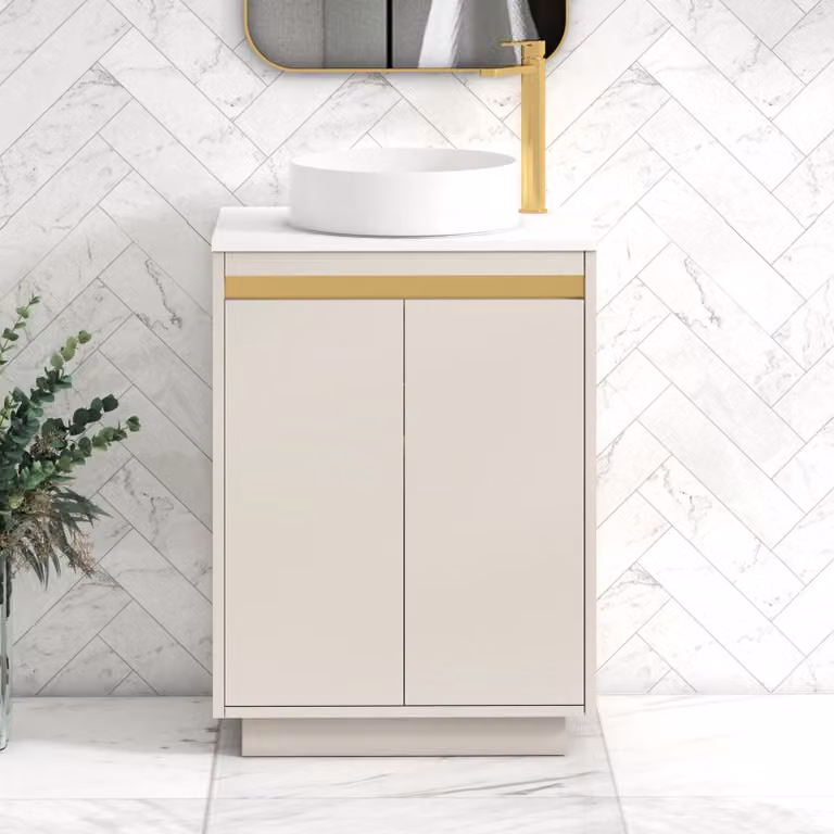 Royal Bathrooms Orion 600mm Floor Standing Vanity Unit in Warm Taupe and White with Art Basin and Brushed Brass Accents