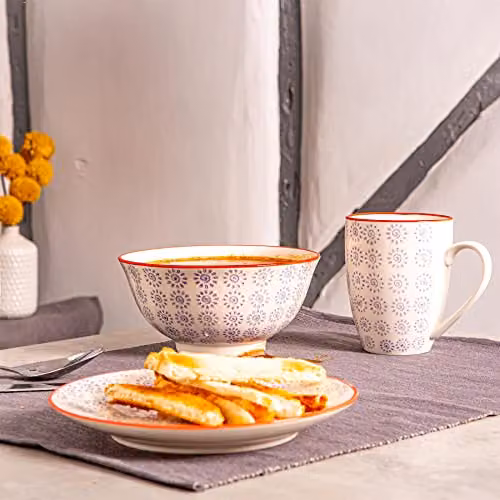Nicola Spring Hand-Printed Porcelain Cereal Bowls, Purple and White, Pack of 6, Diameter: 16 cm – 3