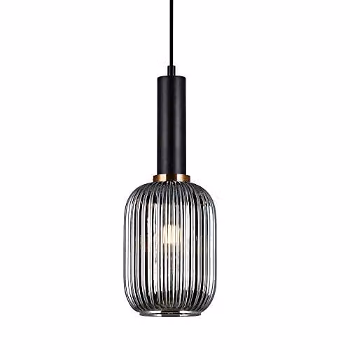 Netlighting Modern Black Suspended Pendant Light with Grey Glass Cylinder Shade and E27 Socket