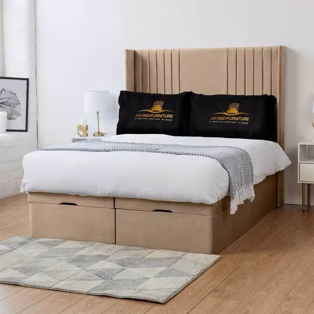 Luxor Living Luxor Wingback End Lift Divan Ottoman Bed with 54 Inch Headboard, Beige, Super King, W/D/H: 200 x 200 x 137.16 cm