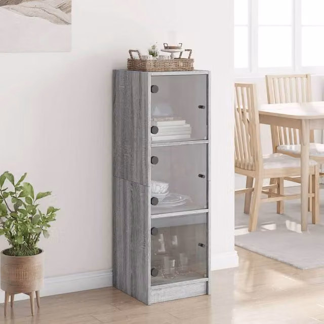 Berkfield Home Highboard with Glass Doors in Grey Sonoma, W/D/H: 35 x 37 x 109 cm