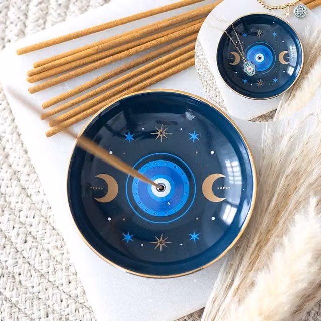 Kingsbury Gifts All Seeing Eye Print Ceramic Incense Holder, Blue, Round Tabletop Geometric Boho Design