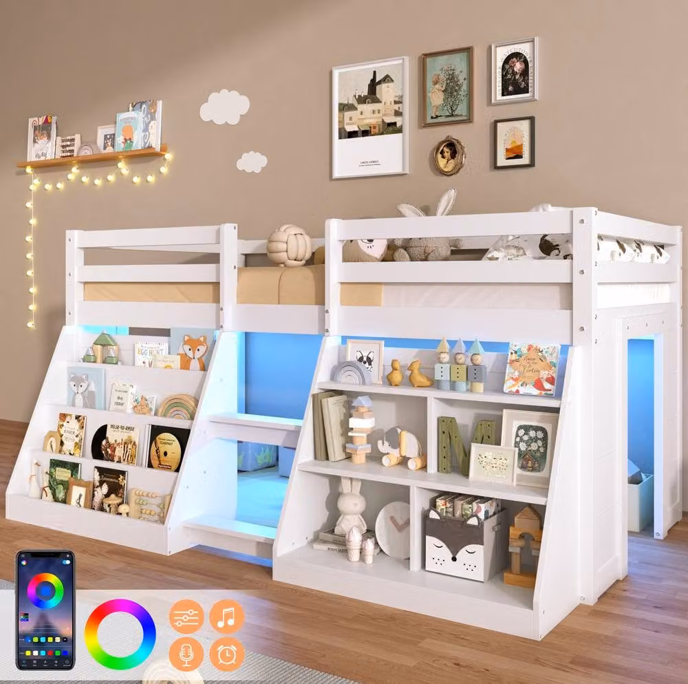 STILVORA Single Low Loft Bed in White with LED Under-Bed Lighting and Side Compartment Storage – 1