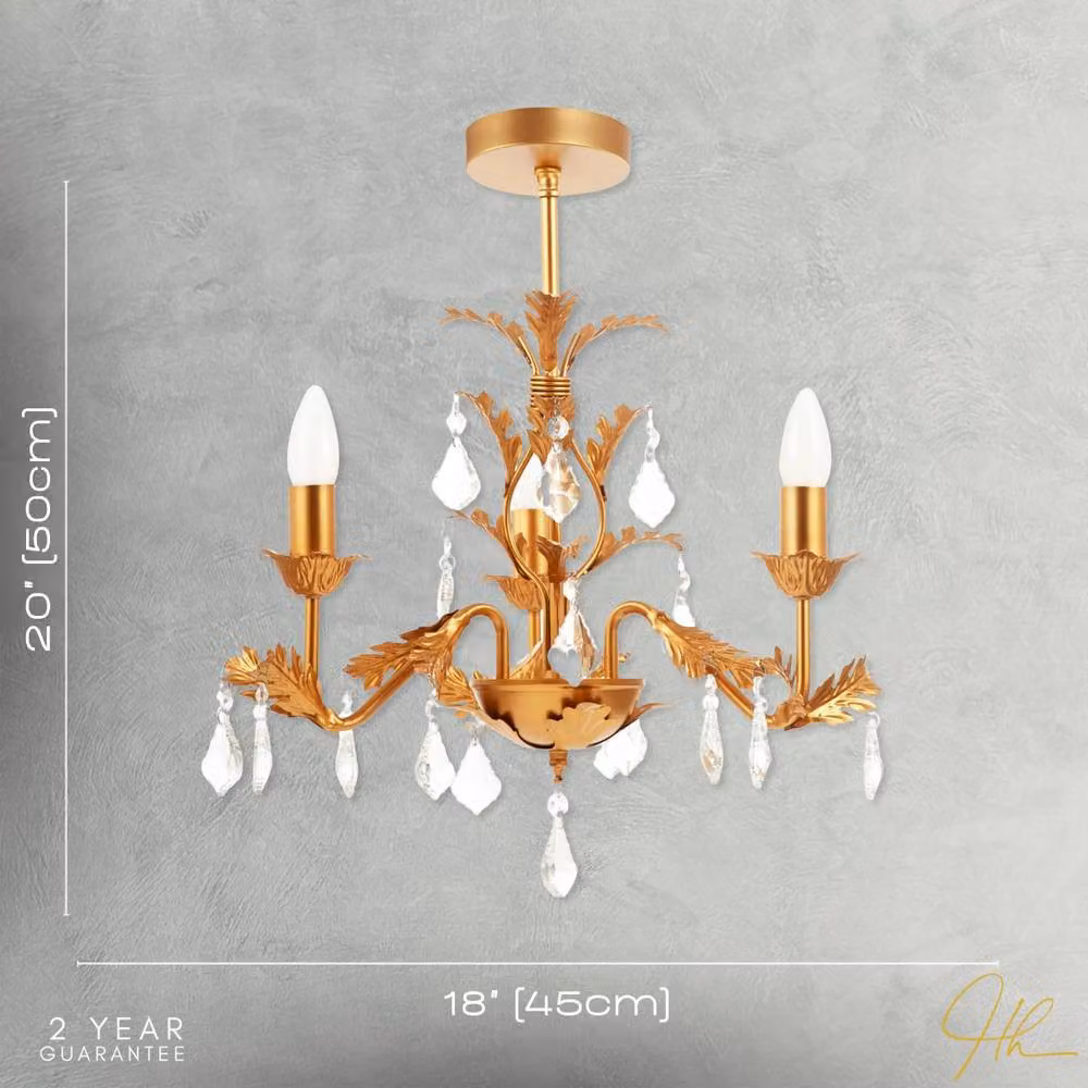 Happy Homewares French Inspired Satin Gold Chandelier Style Light with Crystal Drops and Glass Details – 3