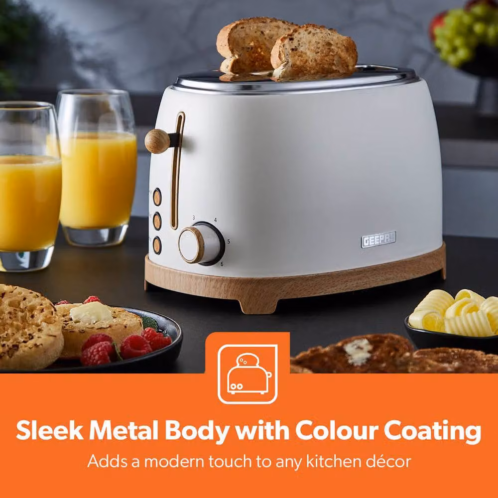 Geepas NordiQ Design 2 Slice Toaster with 6 Browning Levels and Wood Effect Finish in Beige and White – 3