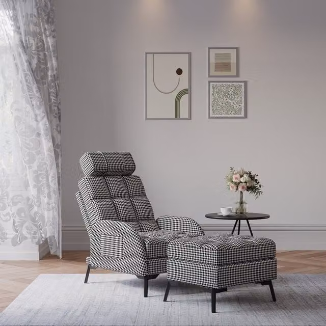 Livingandhome Geometric Houndstooth Fabric Recliner with Ottoman in Black and White