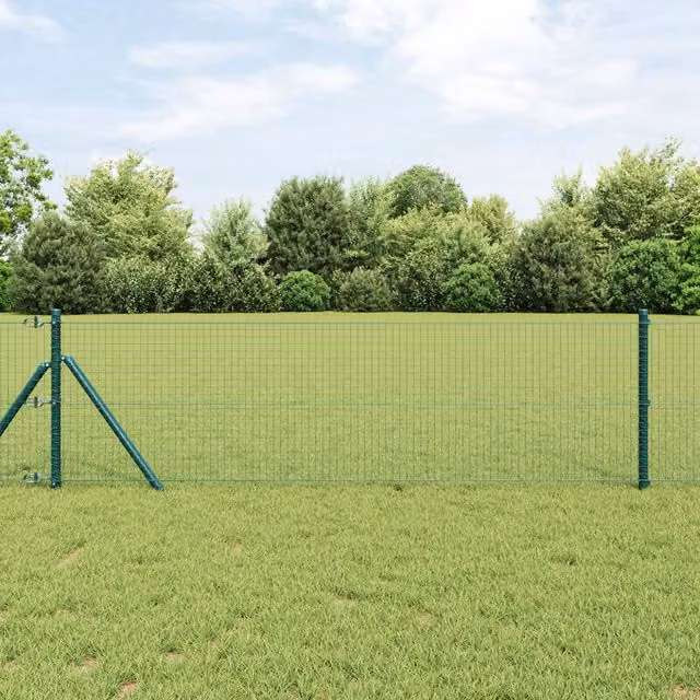 Berkfield Home Green Steel Welded Wire Fence with 7 Round In-Ground Posts, W: 10 m, H: 0.4 m