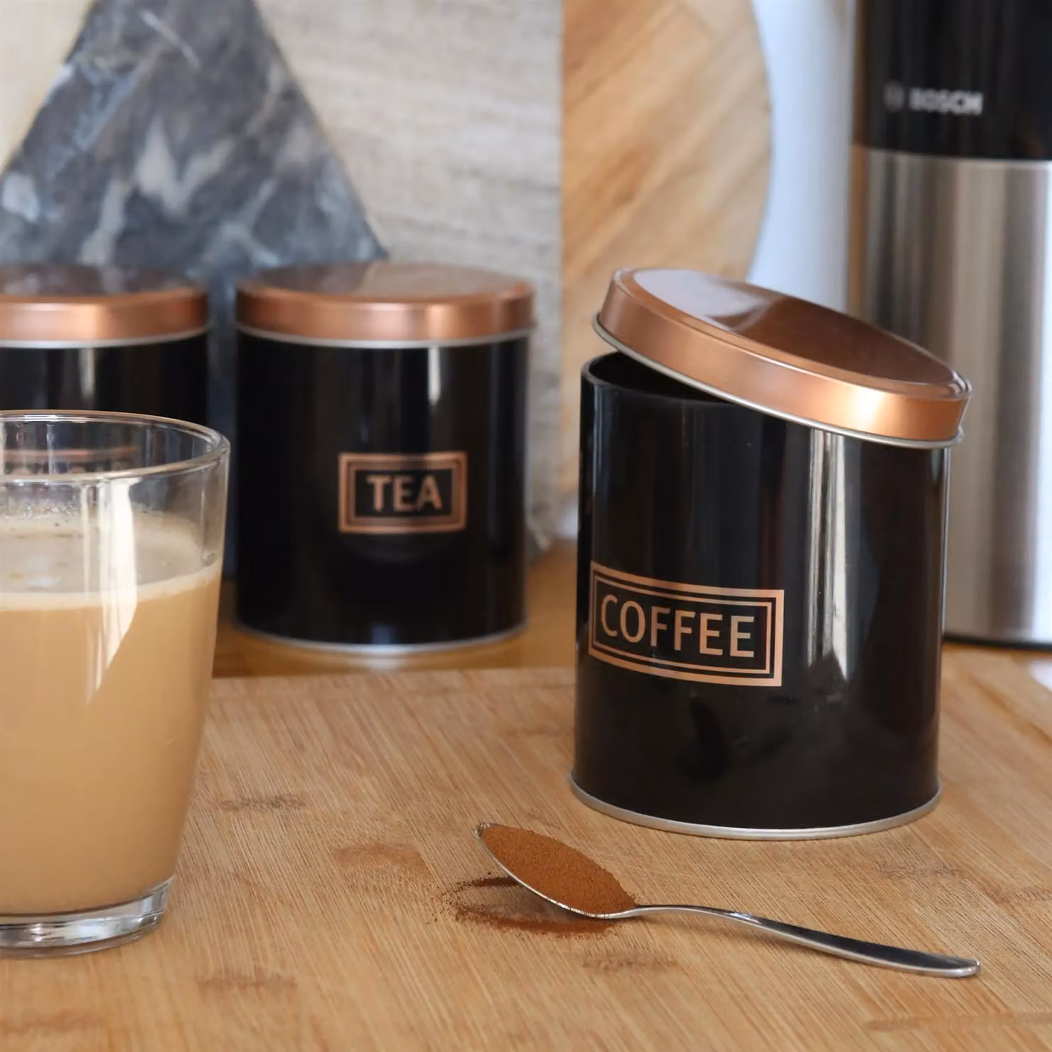 Harbour Housewares 3pc Airtight Metal Tea Coffee Sugar Canister Set in Black – 4