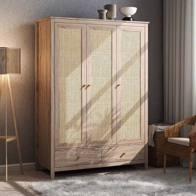 Swish Furniture Willow Rattan 3 Door Triple Wardrobe with 2 Integrated Drawers in Brown and Beige