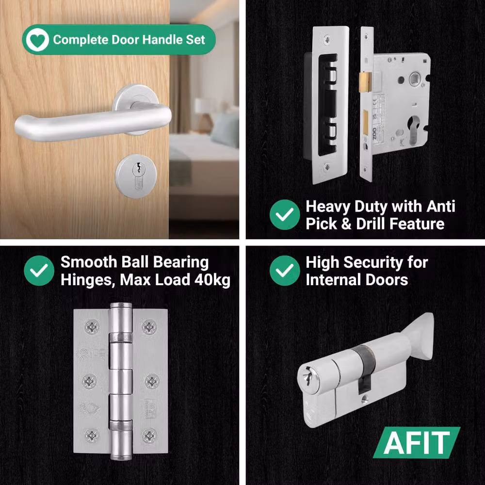 AFIT Satin Brushed Silver Aluminium Return to Door Handles with Euro Thumb Turn and Hinges, 15.0 x 15.0 cm – 3
