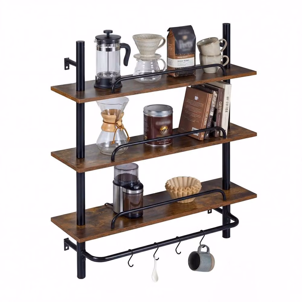 VOGREX Industrial Pipe 3-Tier Wall Mounted Floating Shelves in Brown and Black – 2