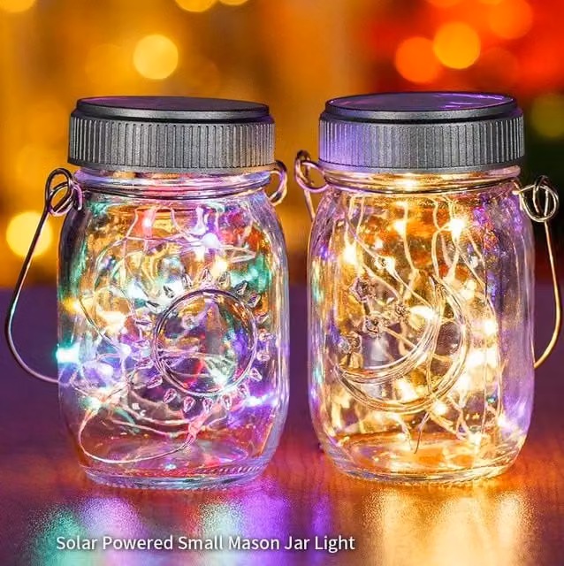 Leaper Pack of 2 Mini Solar Mason Jar RGB LED String Lights with Dusk Sensor, Transparent Glass and Copper Finish – 1