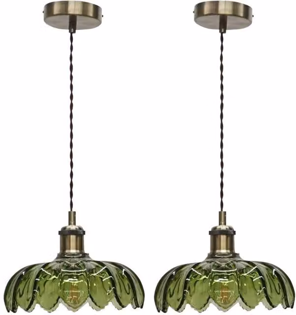 First Choice Lighting Alice Set of 2 Green Leaf Pendant Shades with Antique Brass Flex Set – 1