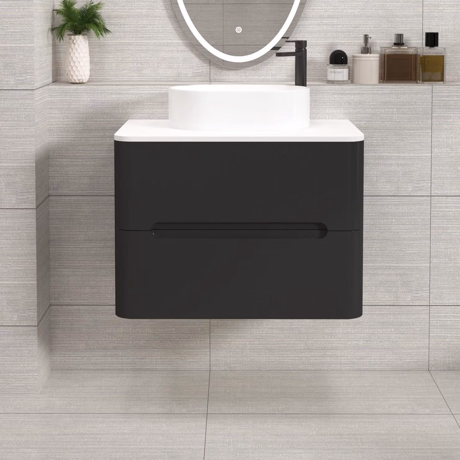 Royal Bathrooms Venice 700mm Wall Hung Vanity Unit in Matt Nocturne Black with 2 Drawers, Plain White Worktop and Peak Basin