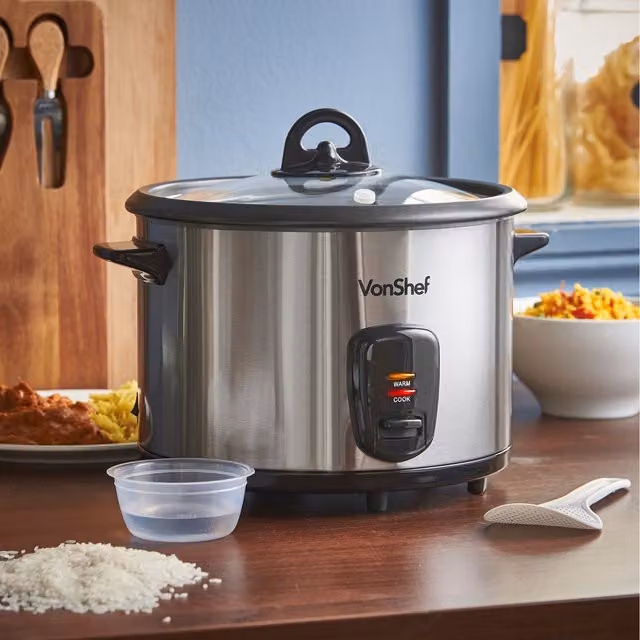 VonShef 1.8L Stainless Steel Electric Rice Cooker and Steamer Pot with Keep Warm Function, Silver