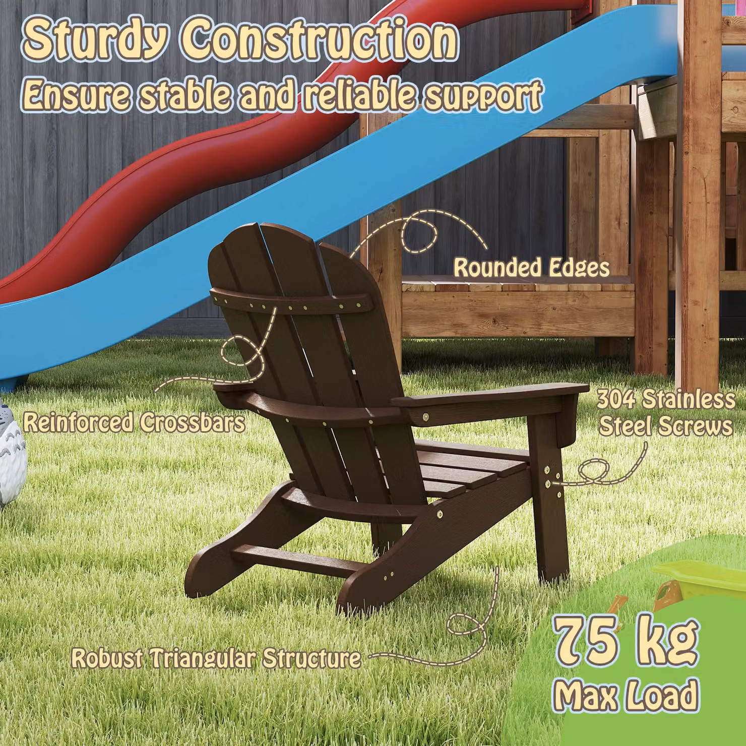 Gymax Brown All-Weather HDPE Toddler Adirondack Lawn Chair for Children aged 3-8 Years – 4