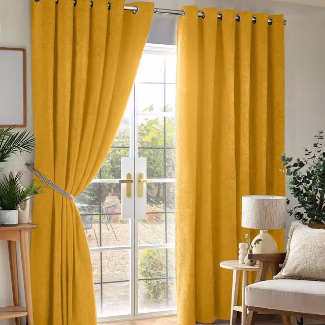 Livinluxury Yellow Chenille Blackout Eyelet Curtains, Thermal Insulating, Height: 229 cm