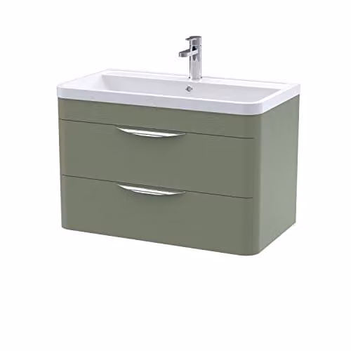 nuie FPA805 Parade Modern Wall Hung 2 Drawer Bathroom Vanity Basin Cabinet with Polymarble Basin, Satin Green, W: 79.6 cm, D: 44.5 cm, H: 50.12 cm