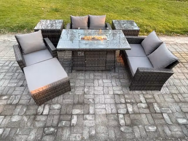 Fimous 6 Seater Rattan Outdoor Garden Furniture Set with Gas Fire Pit Table, Love Sofa, Armchairs, Side Tables and Ottoman in Dark Grey